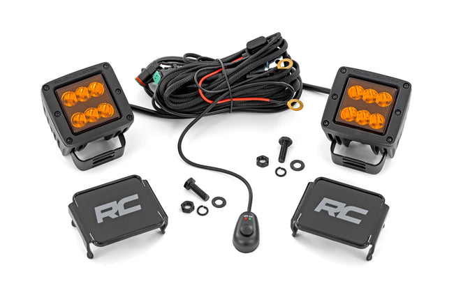 Rough Country 2 Inch LED Light Pods | Spot Beam | Amber Lens | Square - The Suspension Specialists
