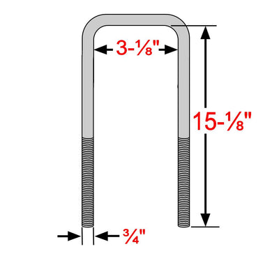 Square U-Bolts For 3" Wide Leaf Springs 15 1/8" Long 3/4" Dia Set of 4 - The Suspension Specialists