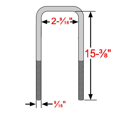 U-Bolts 15 3/8" Long 9/16" Dia for Lift Kits fits 2.5" Wide Leaf Springs