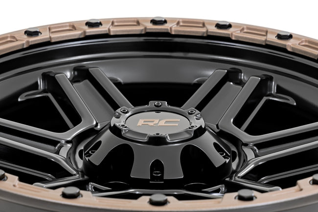 Rough Country 79 Series Wheel | One-Piece | Semi Gloss Black w/Bronze Ring | 18x9 | 6x135 | -12mm - The Suspension Specialists